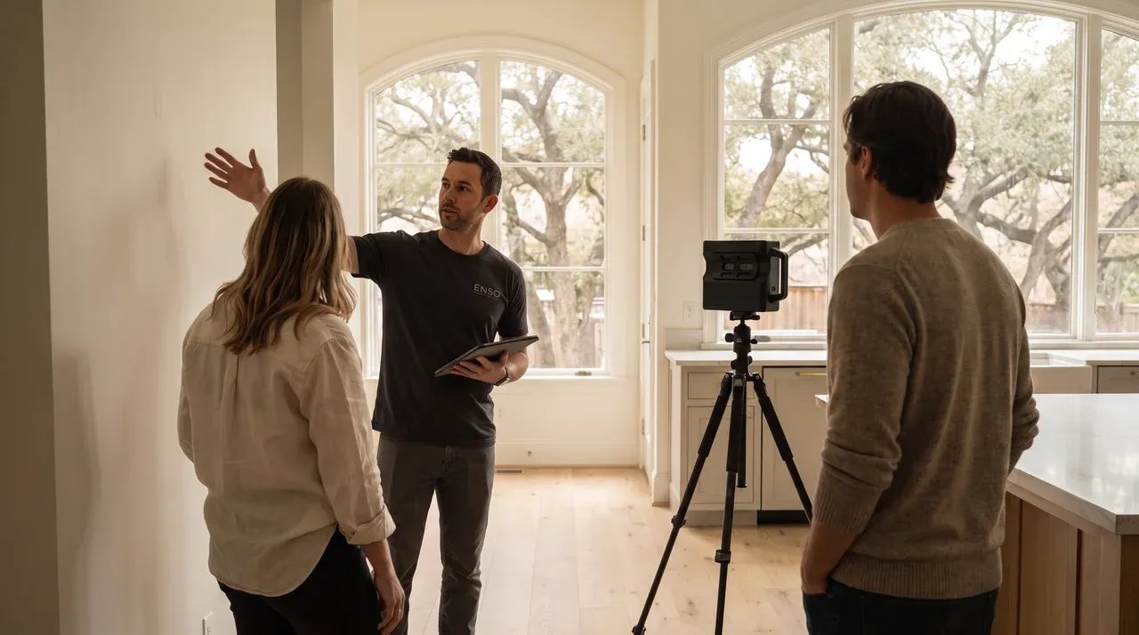 Enso designer and pre-construction manager walking the home with the owner, Matterport scanner in frame